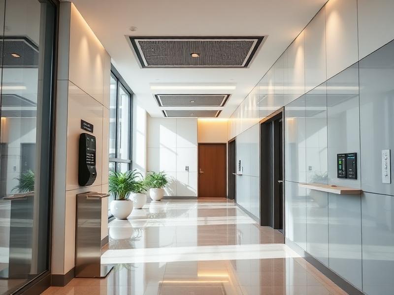 Modern apartment lobby with electronic access control system and contemporary architecture