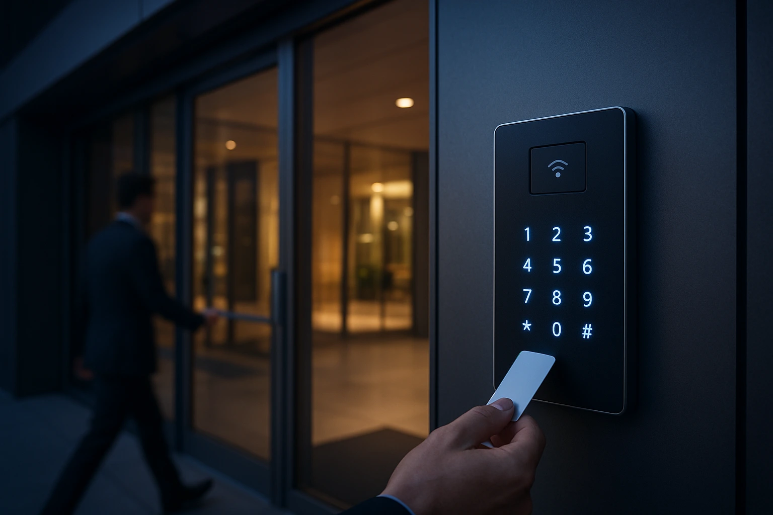 Modern commercial building with CCTV cameras, access control reader and alarm keypad at main entry