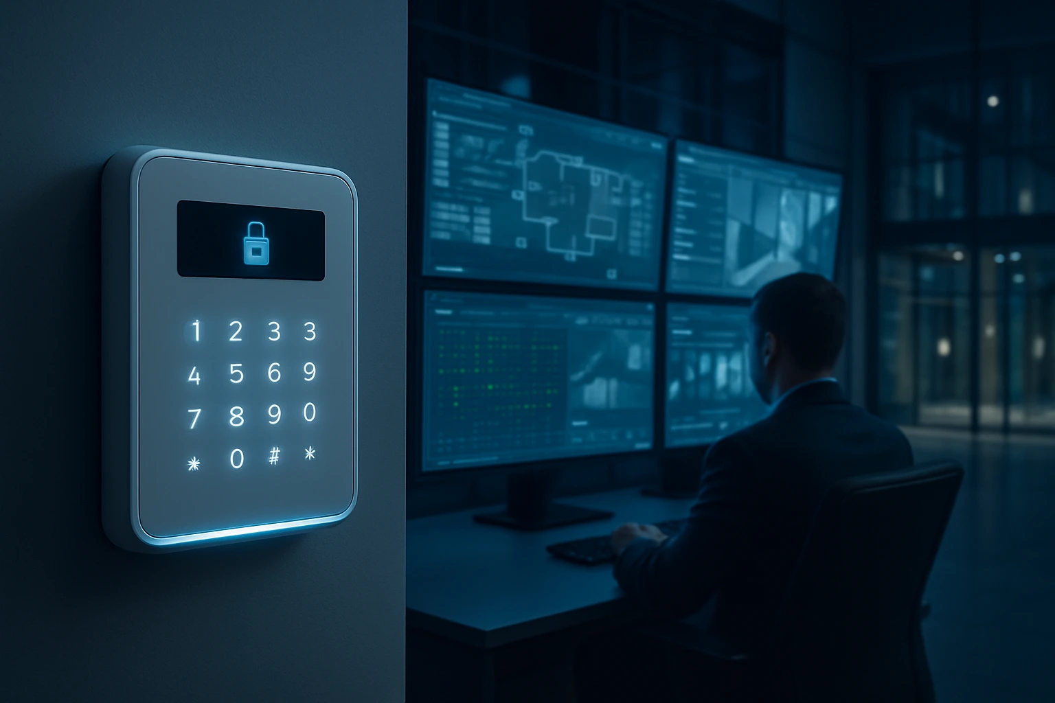 Modern commercial building with CCTV cameras, access control reader and alarm keypad at main entry